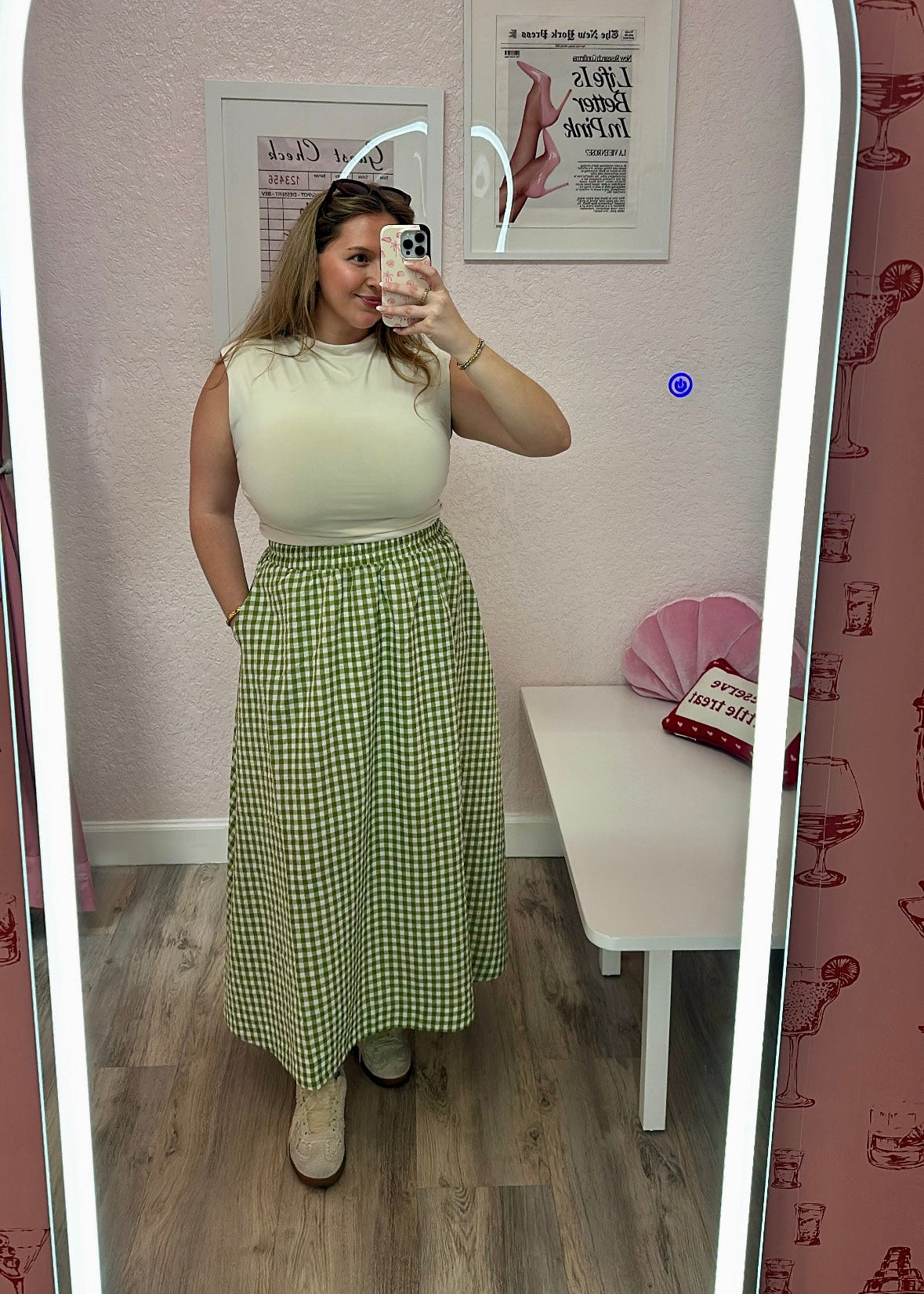 Olive Gingham Elastic Waist Maxi Skirt