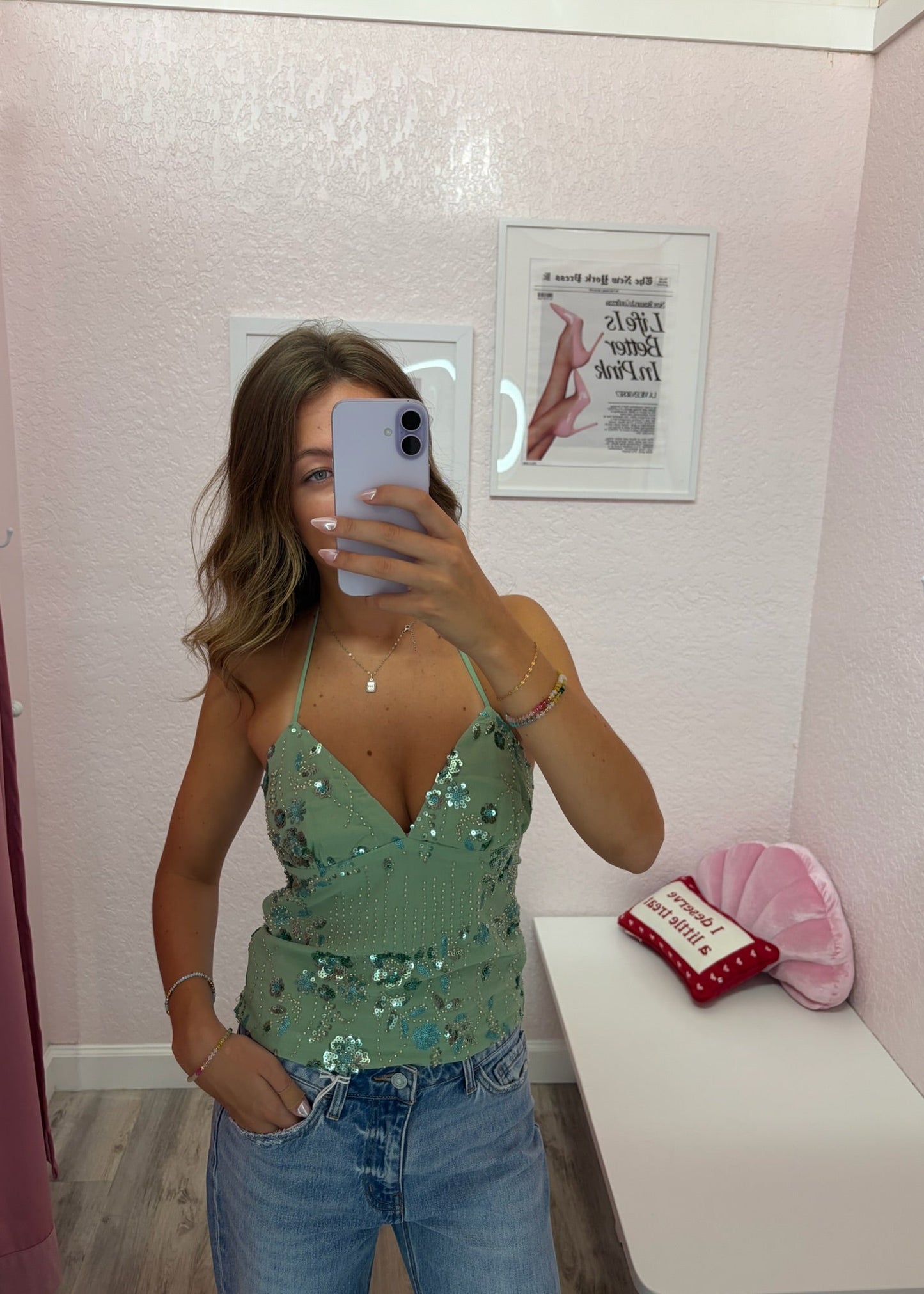 Mint Sage Bedazzled Halter Top