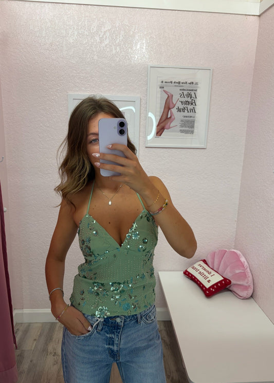 Mint Sage Bedazzled Halter Top